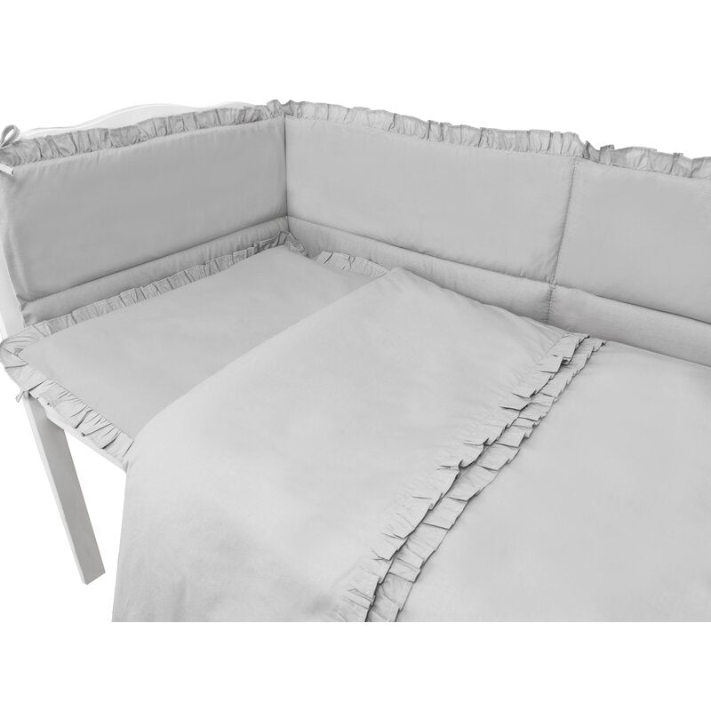 Lenjerie patut cu 5 piese, MimiNu, Pentru patut 120x60 cm, Cu volanase, Cu pilota si perna, Din bumbac certificat Oeko Tex Standard 100, Colectia Royal, Grey - gogobaby.ro