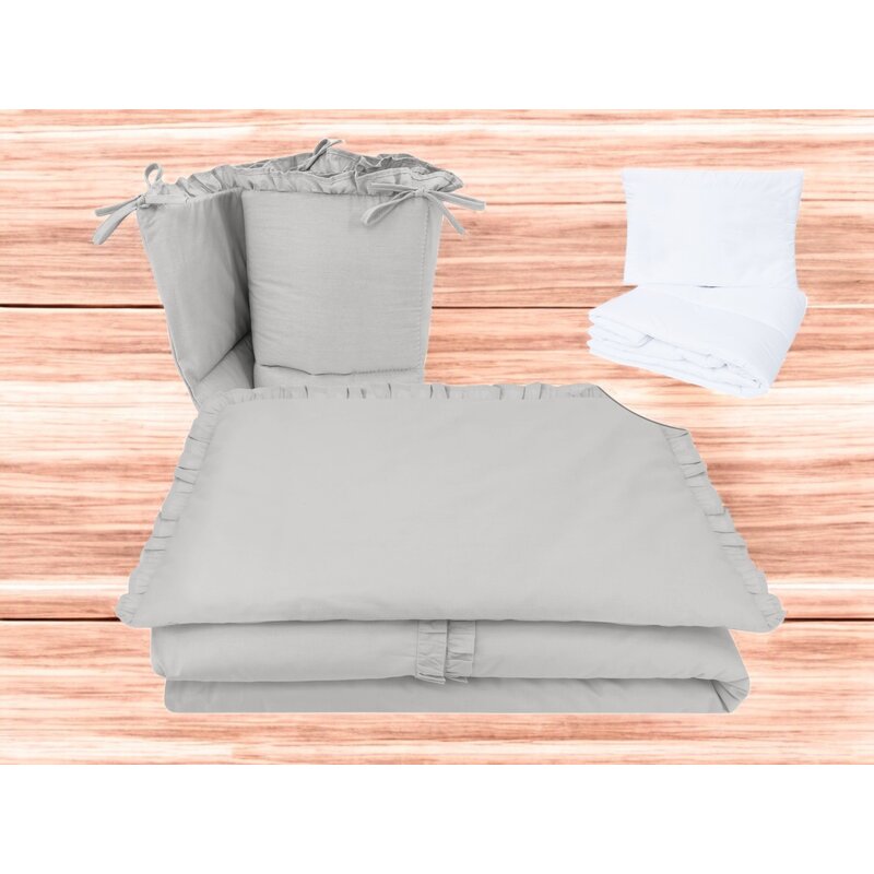 Lenjerie patut cu 5 piese, MimiNu, Pentru patut 120x60 cm, Cu volanase, Cu pilota si perna, Din bumbac certificat Oeko Tex Standard 100, Colectia Royal, Grey - gogobaby.ro
