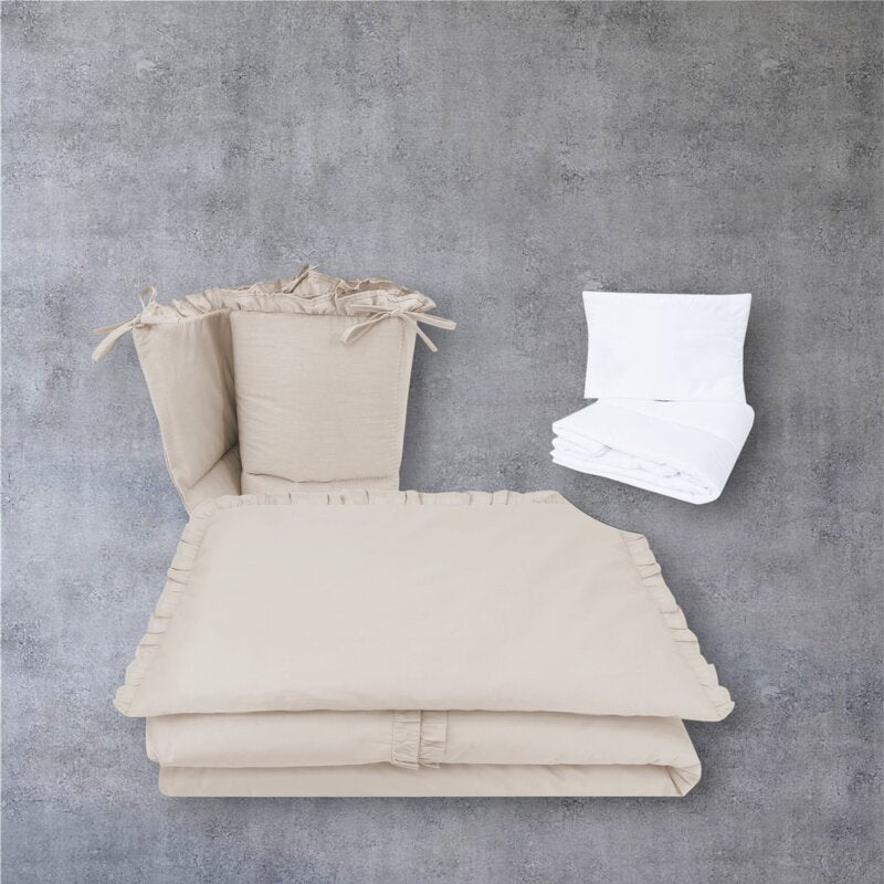 Lenjerie patut cu 5 piese, MimiNu, Pentru patut 120x60 cm, Cu volanase, Cu pilota si perna, Din bumbac certificat Oeko Tex Standard 100, Colectia Royal, Beige - gogobaby.ro