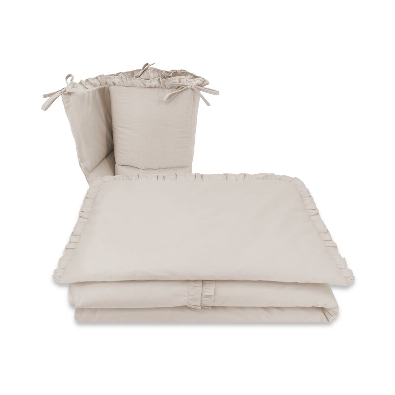 Lenjerie patut cu 5 piese, MimiNu, Pentru patut 120x60 cm, Cu volanase, Cu pilota si perna, Din bumbac certificat Oeko Tex Standard 100, Colectia Royal, Beige - gogobaby.ro