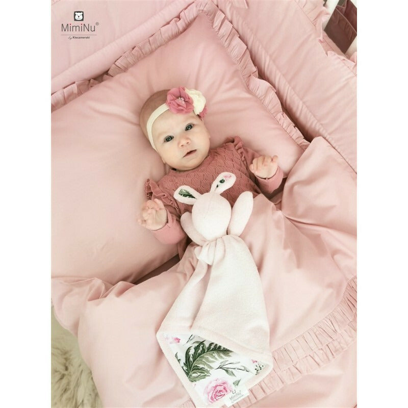 Lenjerie patut cu 5 piese, MimiNu, Pentru patut 120x60 cm, Cu volanase, Cu pilota si perna, Din bumbac certificat Oeko Tex Standard 100, Colectia Royal, Powder Pink - gogobaby.ro