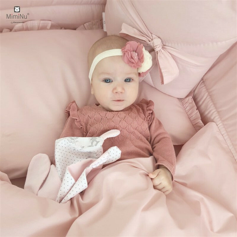 Lenjerie patut cu 5 piese, MimiNu, Pentru patut 120x60 cm, Cu volanase, Cu pilota si perna, Din bumbac certificat Oeko Tex Standard 100, Colectia Royal, Powder Pink - gogobaby.ro