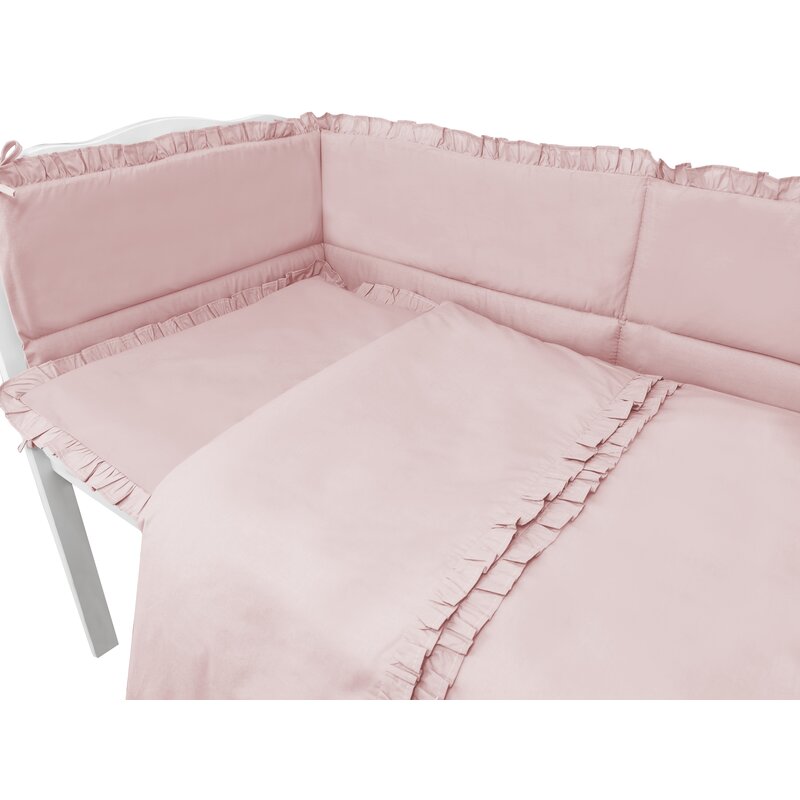 Lenjerie patut cu 5 piese, MimiNu, Pentru patut 120x60 cm, Cu volanase, Cu pilota si perna, Din bumbac certificat Oeko Tex Standard 100, Colectia Royal, Powder Pink - gogobaby.ro