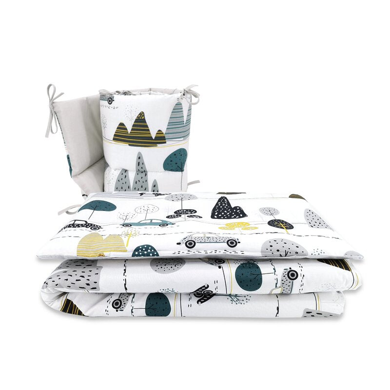 Lenjerie patut cu 6 piese, MimiNu, Pentru patut 120x60 cm, Cu pilota si perna, Cu doua aparatori laterale, Din bumbac certificat Oeko Tex Standard 100, Childrens Journey Grey