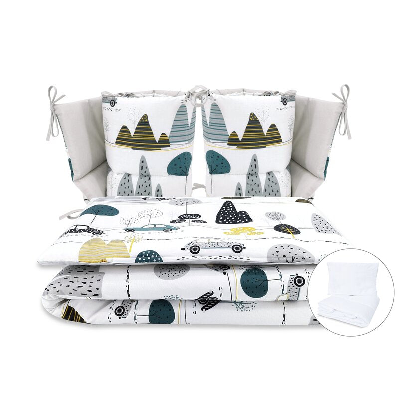 Lenjerie patut cu 6 piese, MimiNu, Pentru patut 120x60 cm, Cu pilota si perna, Cu doua aparatori laterale, Din bumbac certificat Oeko Tex Standard 100, Childrens Journey Grey
