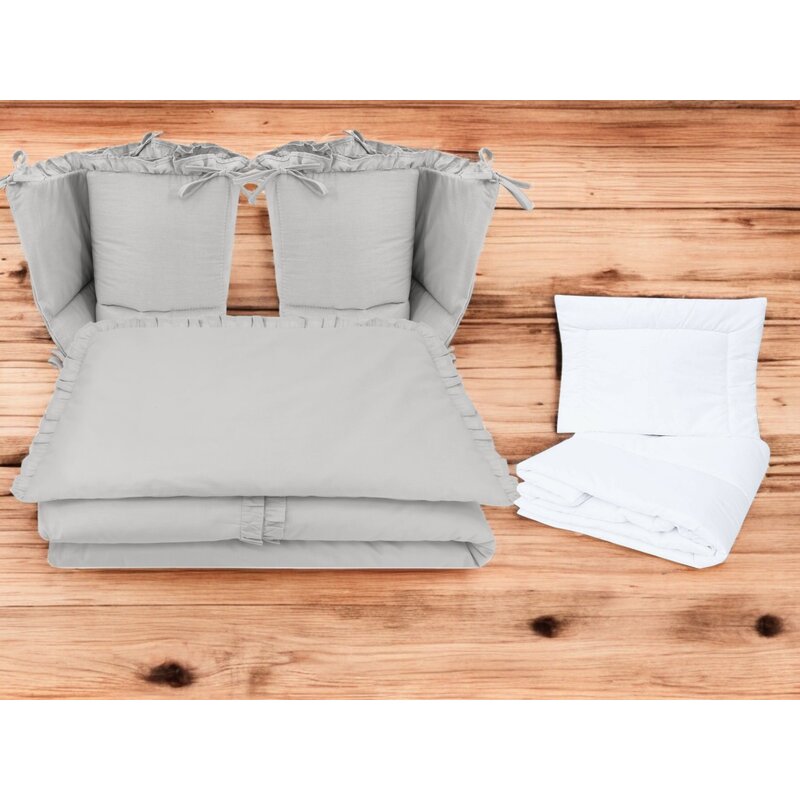 Lenjerie patut cu 6 piese, MimiNu, Pentru patut 120x60 cm, Cu volanase, Cu pilota si perna, Cu doua aparatori laterale, Din bumbac certificat Oeko Tex Standard 100, Colectia Royal, Grey - gogobaby.ro