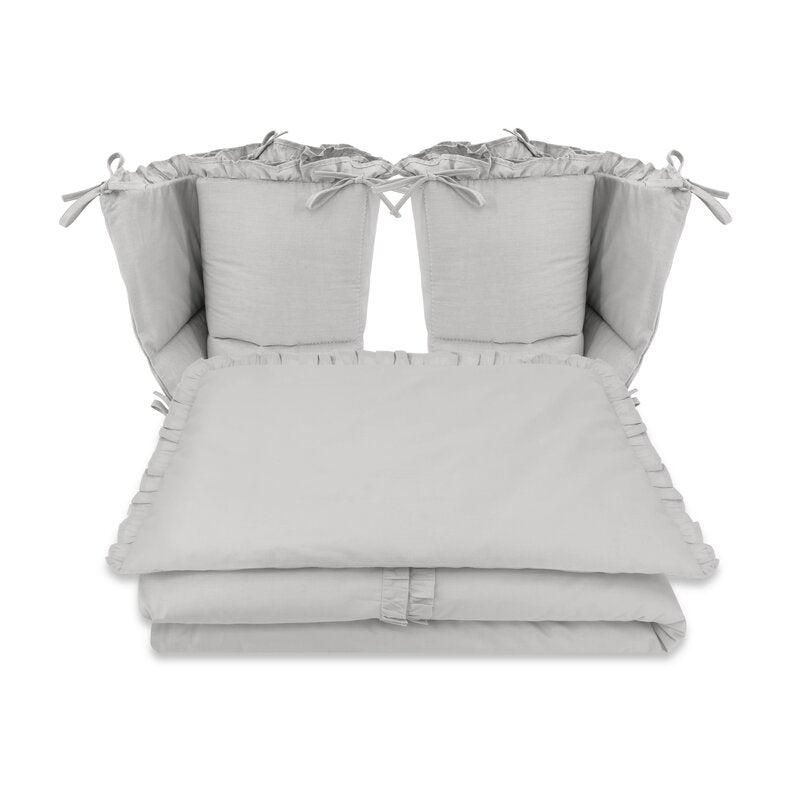Lenjerie patut cu 6 piese, MimiNu, Pentru patut 120x60 cm, Cu volanase, Cu pilota si perna, Cu doua aparatori laterale, Din bumbac certificat Oeko Tex Standard 100, Colectia Royal, Grey - gogobaby.ro