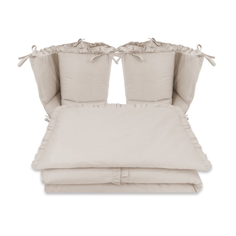 Lenjerie patut cu 6 piese, MimiNu, Pentru patut 120x60 cm, Cu volanase, Cu pilota si perna, Cu doua aparatori laterale, Din bumbac certificat Oeko Tex Standard 100, Colectia Royal, Beige - gogobaby.ro