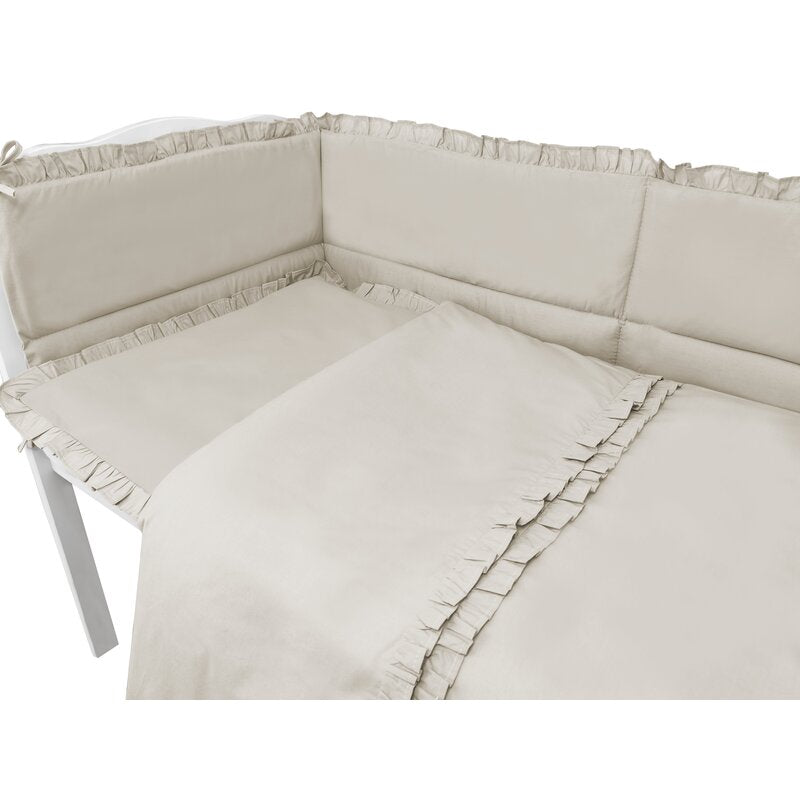 Lenjerie patut cu 6 piese, MimiNu, Pentru patut 120x60 cm, Cu volanase, Cu pilota si perna, Cu doua aparatori laterale, Din bumbac certificat Oeko Tex Standard 100, Colectia Royal, Beige - gogobaby.ro