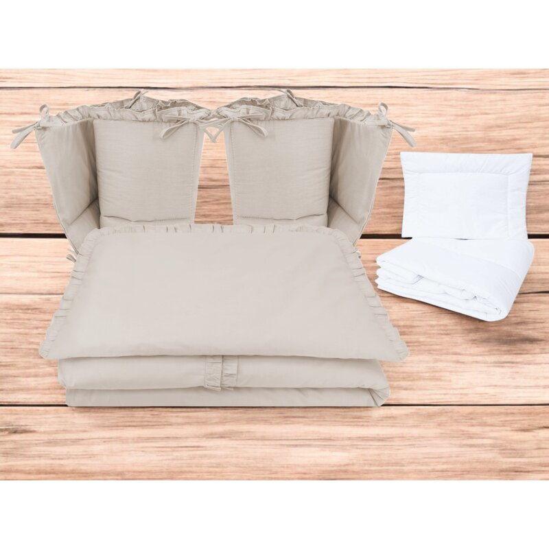 Lenjerie patut cu 6 piese, MimiNu, Pentru patut 120x60 cm, Cu volanase, Cu pilota si perna, Cu doua aparatori laterale, Din bumbac certificat Oeko Tex Standard 100, Colectia Royal, Beige - gogobaby.ro