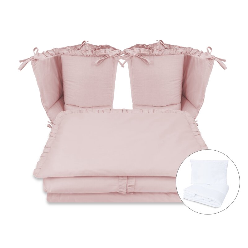 Lenjerie patut cu 6 piese, MimiNu, Pentru patut 120x60 cm, Cu volanase, Cu pilota si perna, Cu doua aparatori laterale, Din bumbac certificat Oeko Tex Standard 100, Colectia Royal, Powder Pink - gogobaby.ro