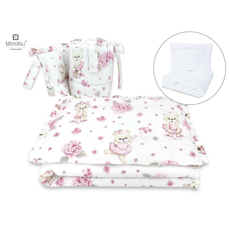 Lenjerie patut cu 6 piese, MimiNu, Pentru patut 120x60 cm, Cu pilota si perna, Cu doua aparatori laterale, Din bumbac certificat Oeko Tex Standard 100, Design, Pink Ballerina - gogobaby.ro