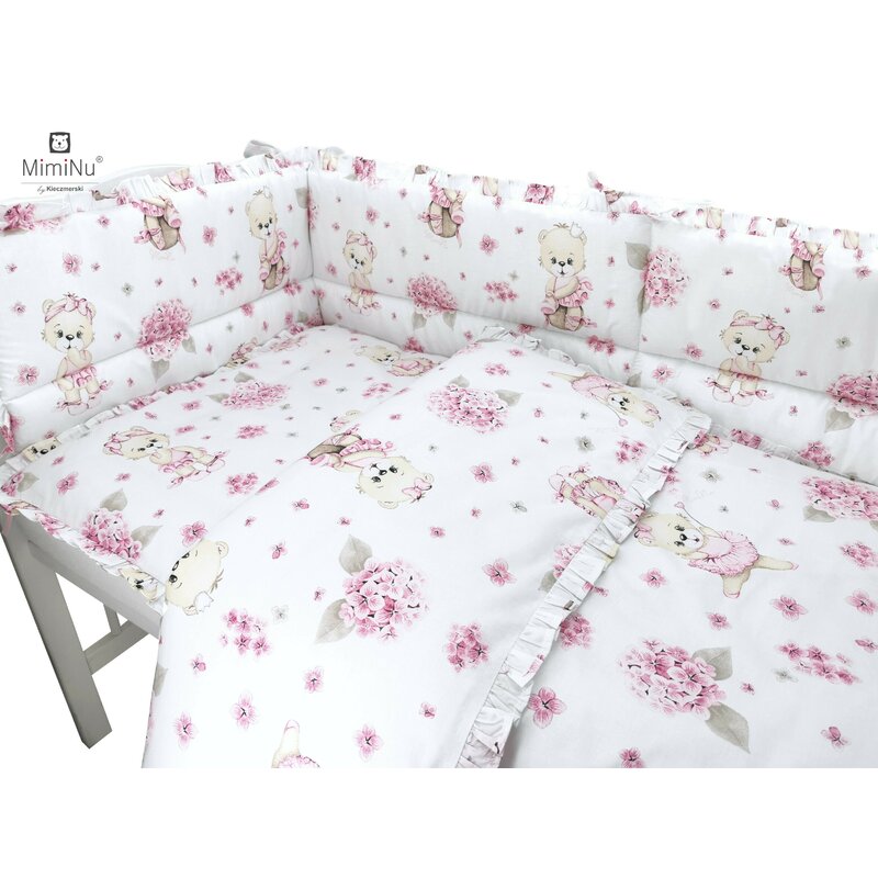Lenjerie patut cu 6 piese, MimiNu, Pentru patut 120x60 cm, Cu pilota si perna, Cu doua aparatori laterale, Din bumbac certificat Oeko Tex Standard 100, Design, Pink Ballerina - gogobaby.ro