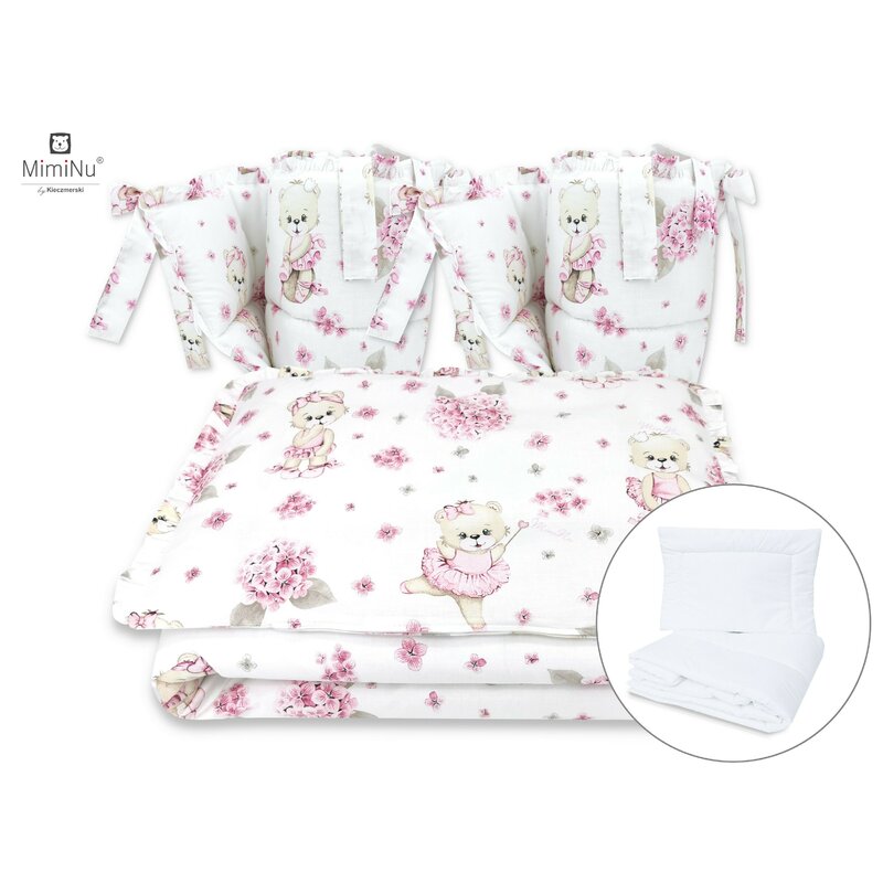Lenjerie patut cu 6 piese, MimiNu, Pentru patut 120x60 cm, Cu pilota si perna, Cu doua aparatori laterale, Din bumbac certificat Oeko Tex Standard 100, Design, Pink Ballerina - gogobaby.ro