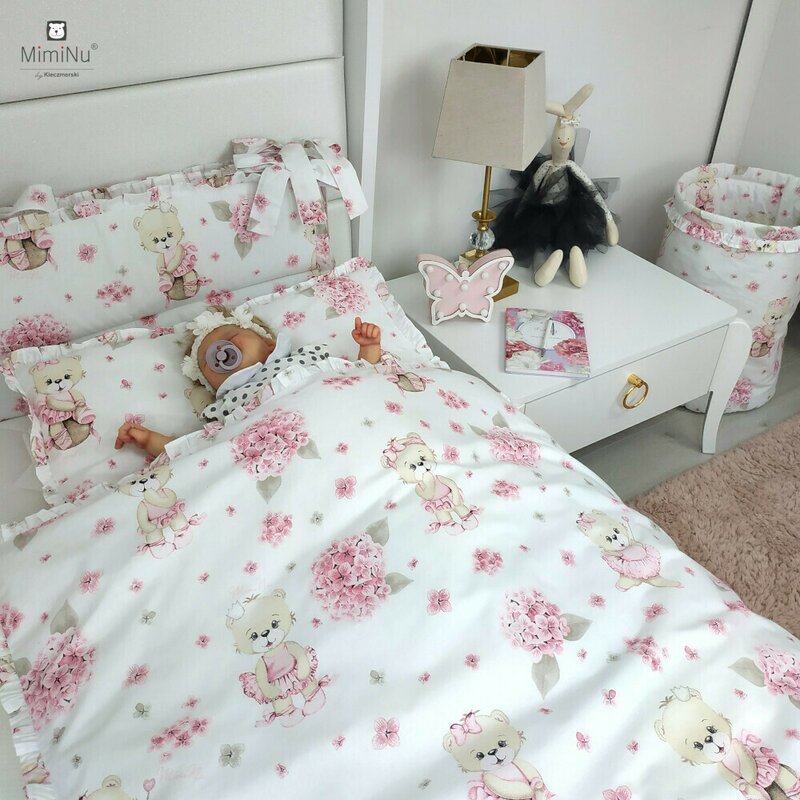 Lenjerie patut cu 6 piese, MimiNu, Pentru patut 120x60 cm, Cu pilota si perna, Cu doua aparatori laterale, Din bumbac certificat Oeko Tex Standard 100, Design, Pink Ballerina - gogobaby.ro
