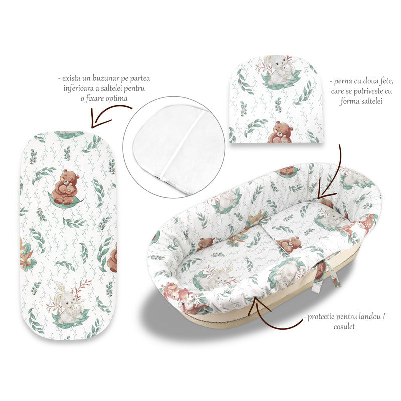 Set pentru landou/cosulet, MimiNu, Cu protectie, saltea si pernuta, Din bumbac certificat Oeko Tex Standard 100, Lulu Natural - gogobaby.ro