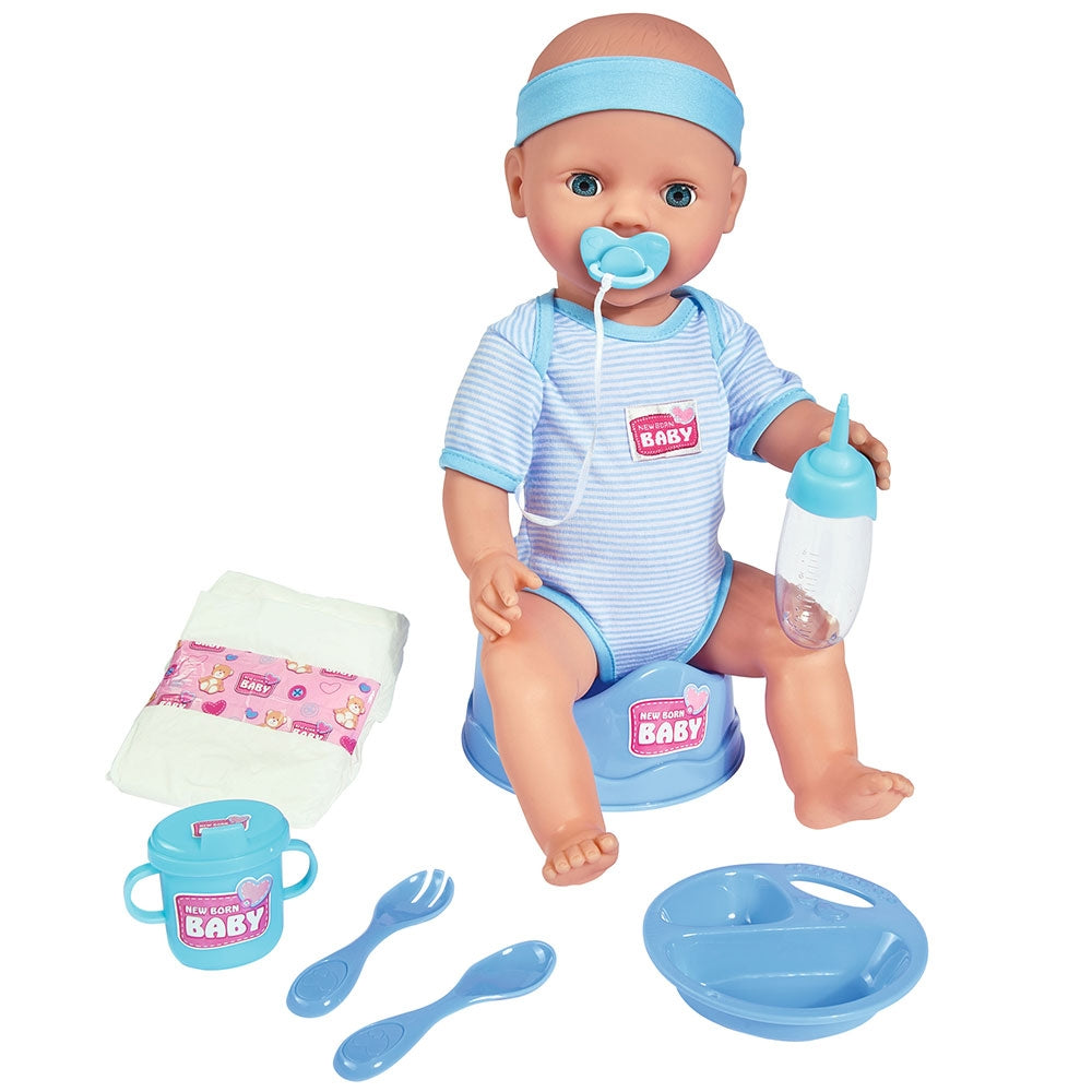 Papusa Simba New Born Baby, Baby Doll 43 cm cu accesorii albastru - gogobaby.ro
