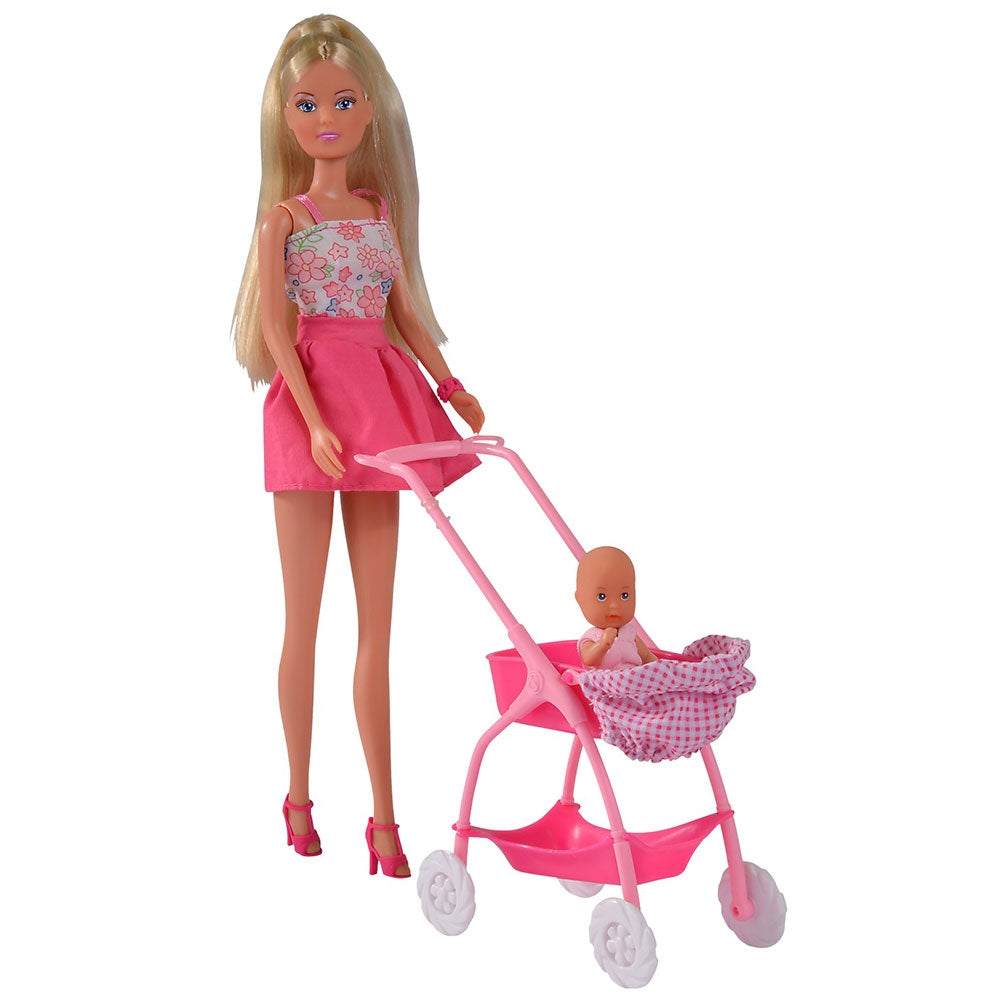 Papusa Simba Steffi Love Baby Walk 29 cm roz cu carucior si accesorii - gogobaby.ro