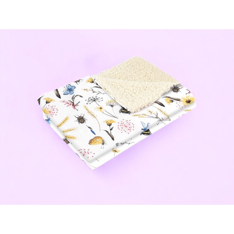 Paturica, MimiNu, Calduroasa si pufoasa, Cu doua fete, Dimensiune 70x100 cm, Din tesatura imitatie de lana si bumbac, Materiale certificate Oeko Tex Standard 100, Ecru Bugs - gogobaby.ro