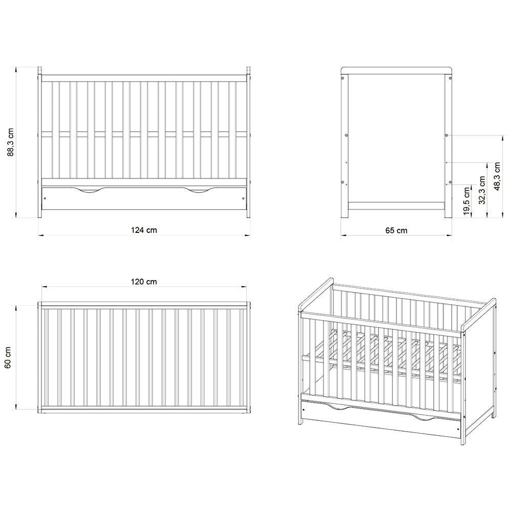 Patut copii din lemn Hubners Paula 120x60 alb cu sertar - gogobaby.ro