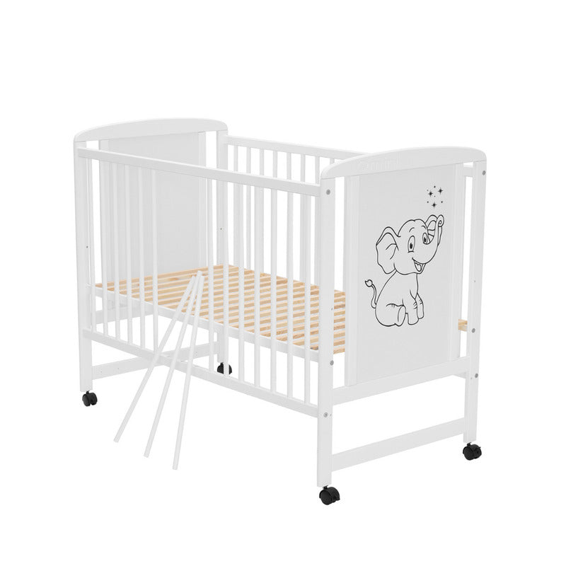 Patut din lemn bebe, 120x60 cm, Din lemn de pin si mdf, Stabil si rezistent, Inaltime saltea reglabila pe 3 nivele, Laterala cu 3 bete detasabile, EN716-1, EN716-2, Alb, Qmini, Timmi Elephant + Saltea 8 cm
