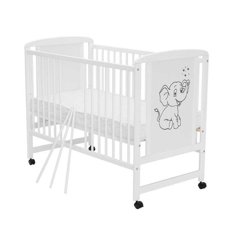 Patut din lemn bebe, 120x60 cm, Din lemn de pin si mdf, Stabil si rezistent, Inaltime saltea reglabila pe 3 nivele, Laterala cu 3 bete detasabile, EN716-1, EN716-2, Alb, Qmini, Timmi Elephant + Saltea 8 cm