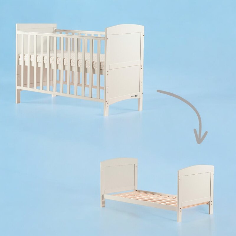 Patut din lemn bebe, 120x60 cm, Transformabil pentru bebe si junior, Din lemn de pin si mdf, Cu sina speciala pentru dentitie, Stabil si rezistent, White, FreeON, Lory - gogobaby.ro