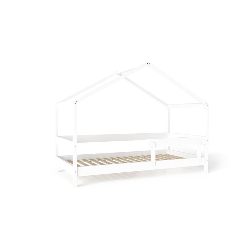 Patut tip casuta din lemn junior, 160x80 cm, Din lemn certificat FSC, Transformabil in casuta de joaca, Cu bariera de protectie, In stil scandinav, Alb, YappyKids, YappyHytte Bed - gogobaby.ro
