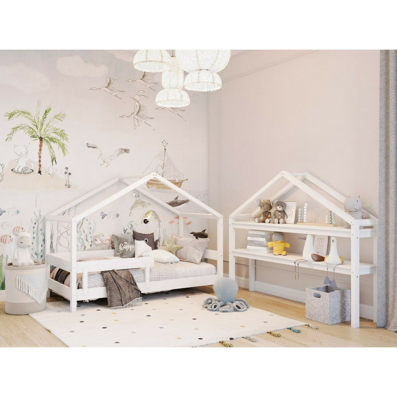 Patut tip casuta din lemn junior, 160x80 cm, Din lemn certificat FSC, Transformabil in casuta de joaca, Cu bariera de protectie, In stil scandinav, Alb, YappyKids, YappyHytte Bed - gogobaby.ro