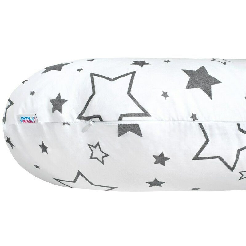 Perna alaptare, New Baby, Cu husa detasabila, In forma de C, Bumbac, Diametru 16 cm, Lungime in jurul circumferintei 285 cm, Stars White/Grey - gogobaby.ro