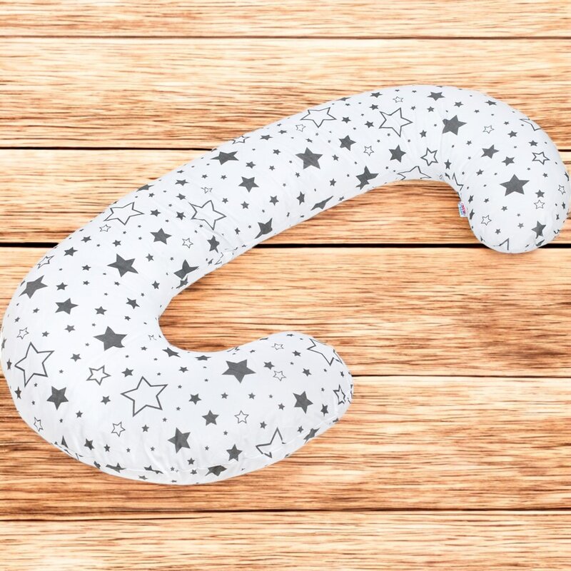 Perna alaptare, New Baby, Cu husa detasabila, In forma de C, Bumbac, Diametru 16 cm, Lungime in jurul circumferintei 285 cm, Stars White/Grey - gogobaby.ro