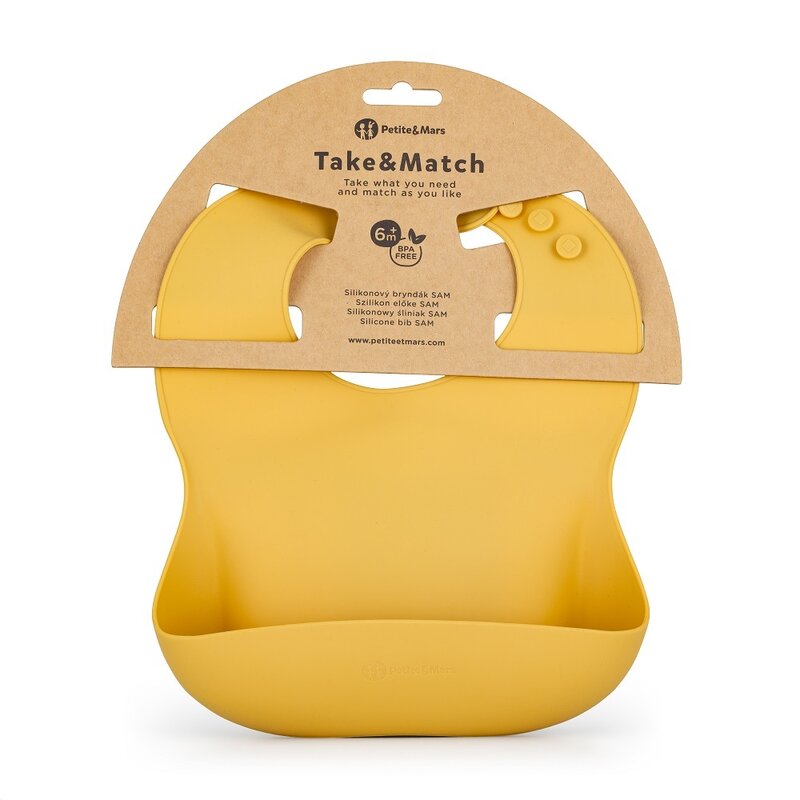 Baveta moale, Petite&Mars, Take&Match, Reglabil, Cu buzunar colector, Silicon, Fara BPA, 6 luni+, Galben - gogobaby.ro