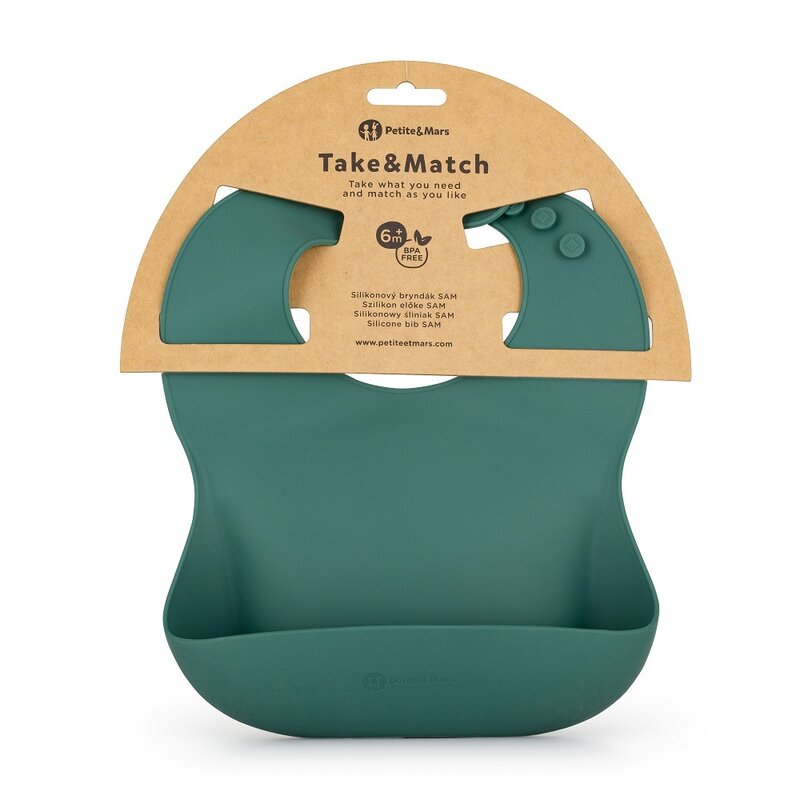 Baveta moale, Petite&Mars, Take&Match, Reglabil, Cu buzunar colector, Silicon, Fara BPA, 6 luni+, Verde - gogobaby.ro
