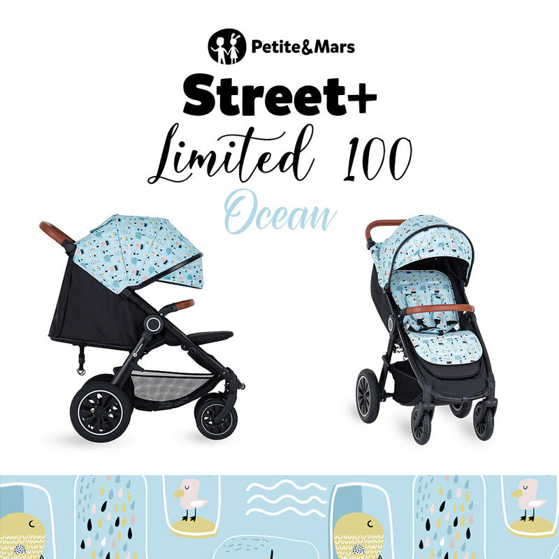 Carucior sport, Petite&Mars, Street+ Air, Include capotina impermeabila Editie limitata, Cu fereastra, husa picioare, cos de bagaje, Cu roti gonflabile, Centura de siguranta in 5 puncte, Pana la 25 kg, 6 luni+, Ocean