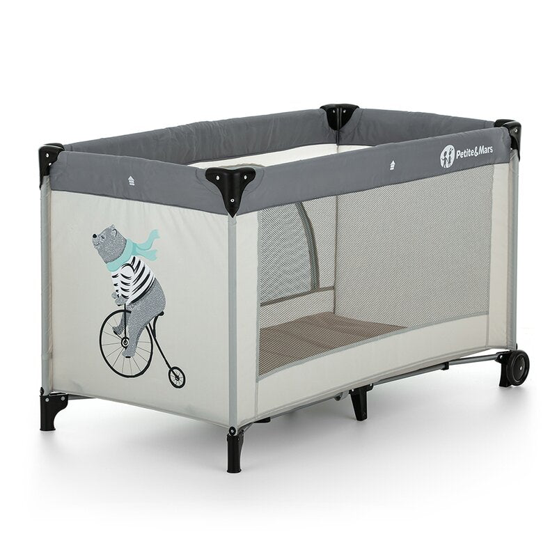 Patut pliant, Petite&Mars, Nyja Teddy Biker, Cu un nivel, Cu intrare laterala cu fermoar, 2 roti, 120x60 cm, Conform cu standardele europene de securitate EN 716-1:207+AC:2019, EN 716-2:2017, EN 71-3:2019, Grey - gogobaby.ro