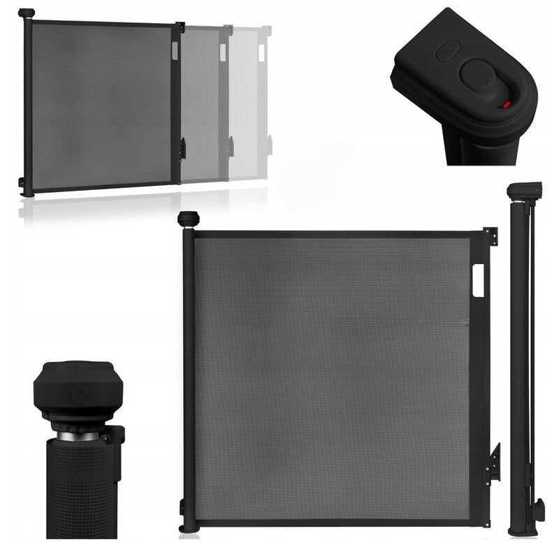 Poarta de siguranta, Lionelo, Thea, Cu suruburi, Textila, Retractabila, Mecanism dublu de blocare, Montaj universal, 80x140 cm, Conform cu standardul european de securitate EN1930, Negru