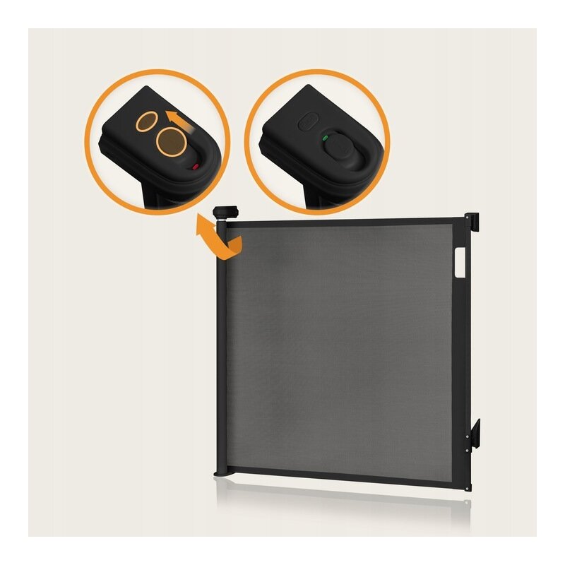 Poarta de siguranta, Lionelo, Thea, Cu suruburi, Textila, Retractabila, Mecanism dublu de blocare, Montaj universal, 80x140 cm, Conform cu standardul european de securitate EN1930, Negru