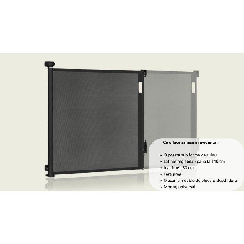 Poarta de siguranta, Lionelo, Thea, Textila, Ofera vizibilitate, Retractabila, Mecanism dublu de blocare, Montaj universal, 80x140 cm, Conform cu standardul european de securitate EN1930, Alb - gogobaby.ro