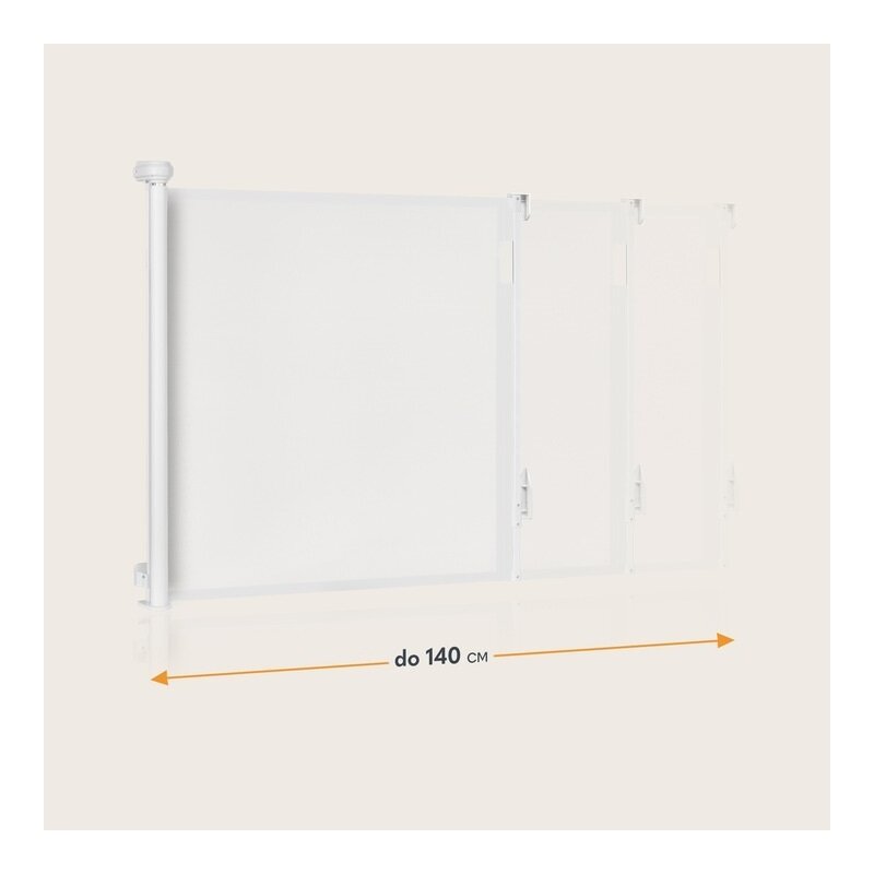 Poarta de siguranta, Lionelo, Thea, Textila, Ofera vizibilitate, Retractabila, Mecanism dublu de blocare, Montaj universal, 80x140 cm, Conform cu standardul european de securitate EN1930, Alb - gogobaby.ro