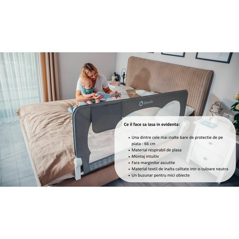 Protectie laterala pat, Lionelo, Hanna, Cu buzunar accesorii, 150x66 cm, Conform cu standardul european de securitate BS7072, Bej