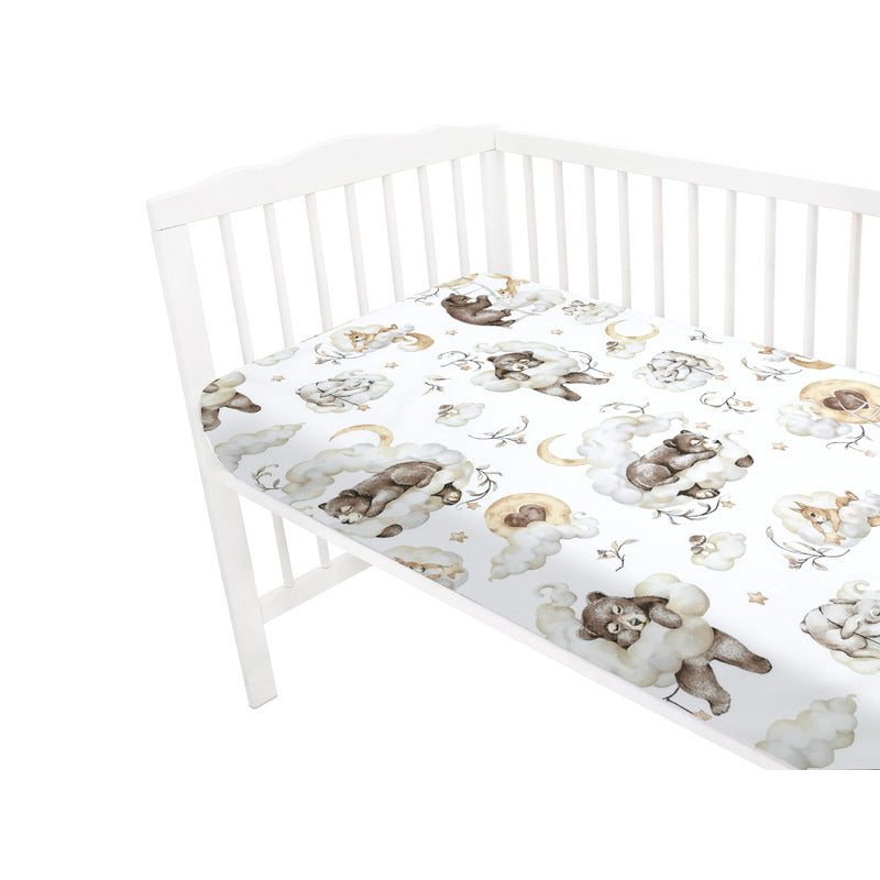 Cearceaf cu elastic, Qmini, Pentru patut 140X70 cm, Din bumbac certificat Oeko Tex Standard 100, Teddy Bear and Friends Beige - gogobaby.ro