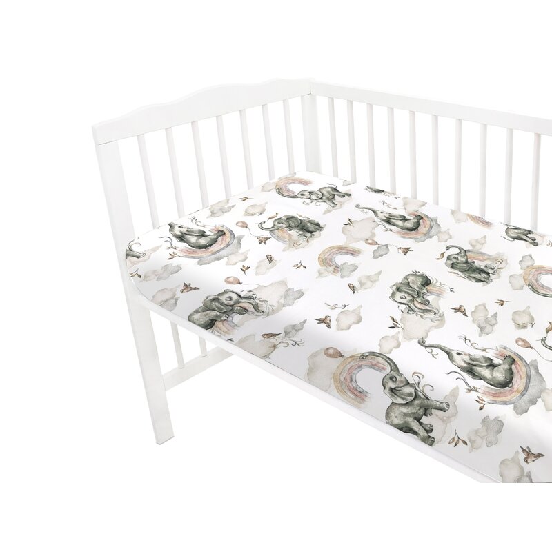 Cearceaf cu elastic, Qmini, Pentru patut 140X70 cm, Din bumbac certificat Oeko Tex Standard 100, Elephants on Rainbow - gogobaby.ro