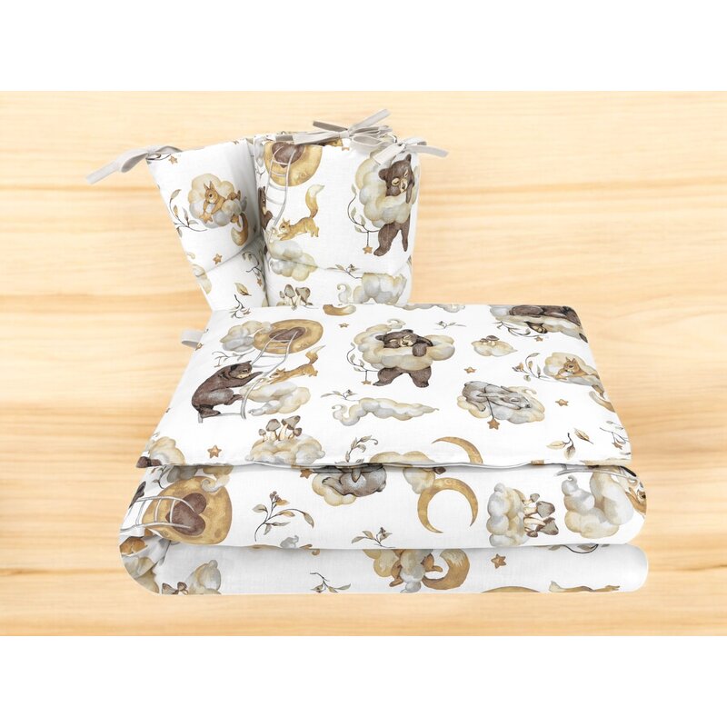 Lenjerie patut 3 piese, Qmini, Pentru patut 120x60 cm, Cu protectie laterala, Din bumbac certificat Oeko Tex Standard 100, Teddy Bear and Friends Beige