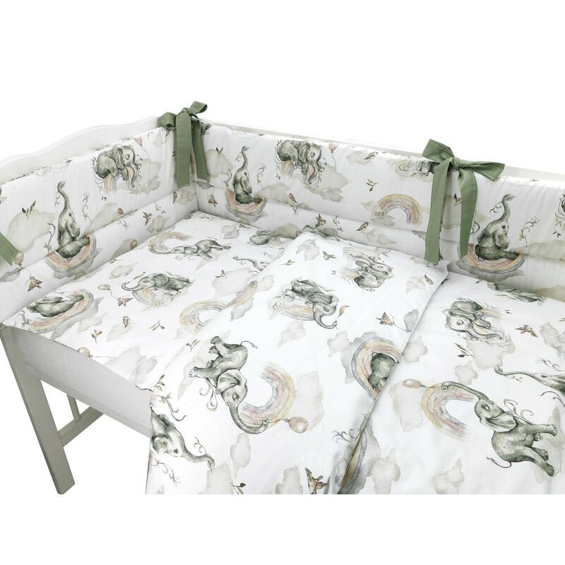 Lenjerie patut 3 piese, Qmini, Pentru patut 120x60 cm, Cu protectie laterala, Din bumbac certificat Oeko Tex Standard 100, Elephants on Rainbow - gogobaby.ro
