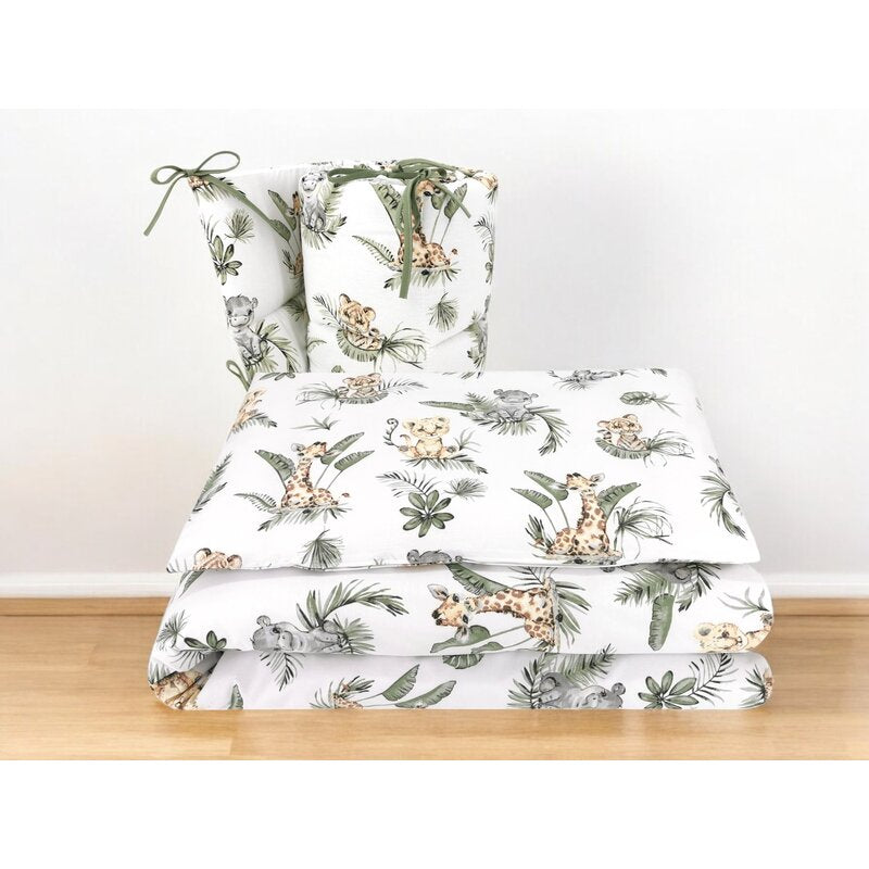 Lenjerie patut 3 piese, Qmini, Pentru patut 140x70 cm, Cu protectie laterala, Din bumbac certificat Oeko Tex Standard 100, Safari - gogobaby.ro
