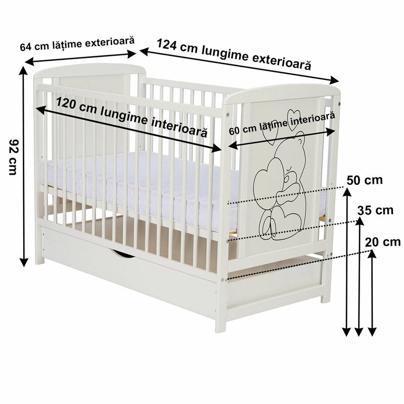 Patut din lemn, 120x60 cm, Cu sertar, Din lemn de pin si mdf, Stabil si rezistent, Inaltime saltea reglabila pe 3 nivele, Laterala cu 3 bete detasabile, EN716-1, EN716-2, Alb, Qmini, Timmi Heart + Saltea 12 cm - gogobaby.ro