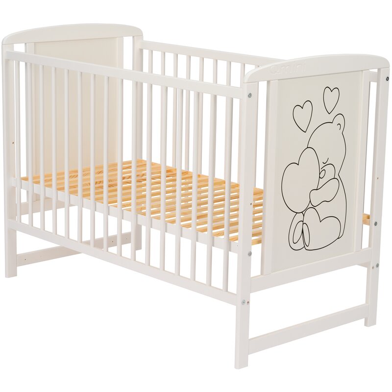 Patut din lemn bebe, 120x60 cm, Din lemn de pin si mdf, Stabil si rezistent, Inaltime saltea reglabila pe 3 nivele, Laterala cu 3 bete detasabile, EN716-1, EN716-2, Alb, Qmini, Timmi Heart - gogobaby.ro