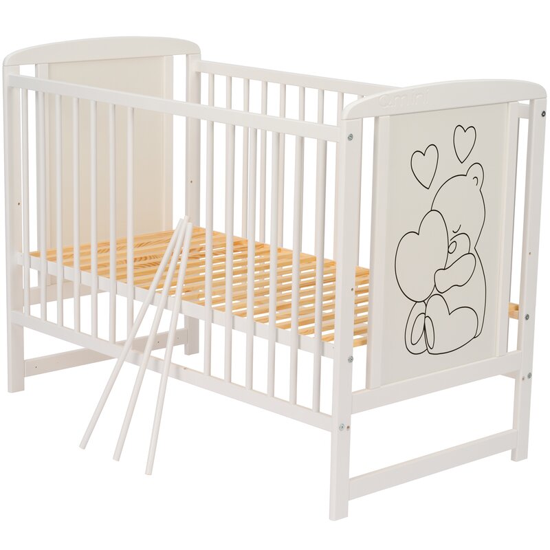 Patut din lemn bebe, 120x60 cm, Din lemn de pin si mdf, Stabil si rezistent, Inaltime saltea reglabila pe 3 nivele, Laterala cu 3 bete detasabile, EN716-1, EN716-2, Alb, Qmini, Timmi Heart - gogobaby.ro