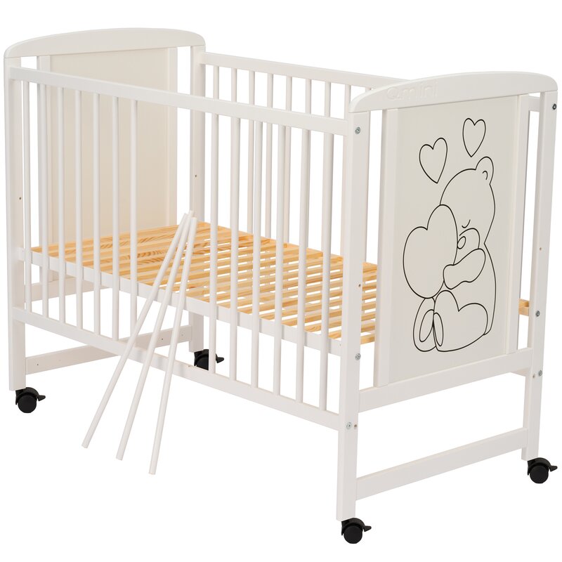Patut din lemn bebe, 120x60 cm, Din lemn de pin si mdf, Stabil si rezistent, Inaltime saltea reglabila pe 3 nivele, Laterala cu 3 bete detasabile, EN716-1, EN716-2, Alb, Qmini, Timmi Heart - gogobaby.ro