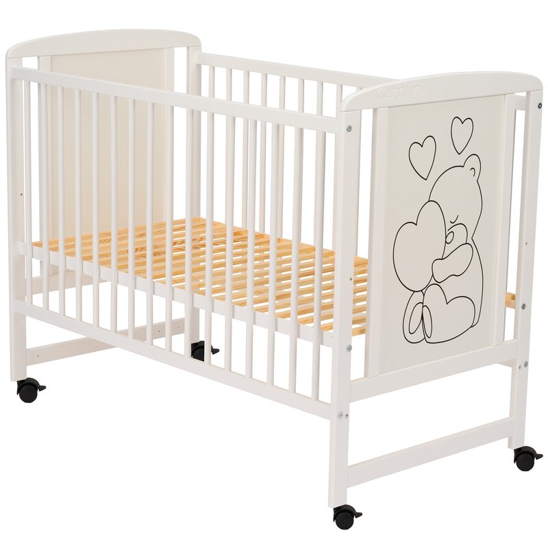 Patut din lemn bebe, 120x60 cm, Din lemn de pin si mdf, Stabil si rezistent, Inaltime saltea reglabila pe 3 nivele, Laterala cu 3 bete detasabile, EN716-1, EN716-2, Alb, Qmini, Timmi Heart - gogobaby.ro